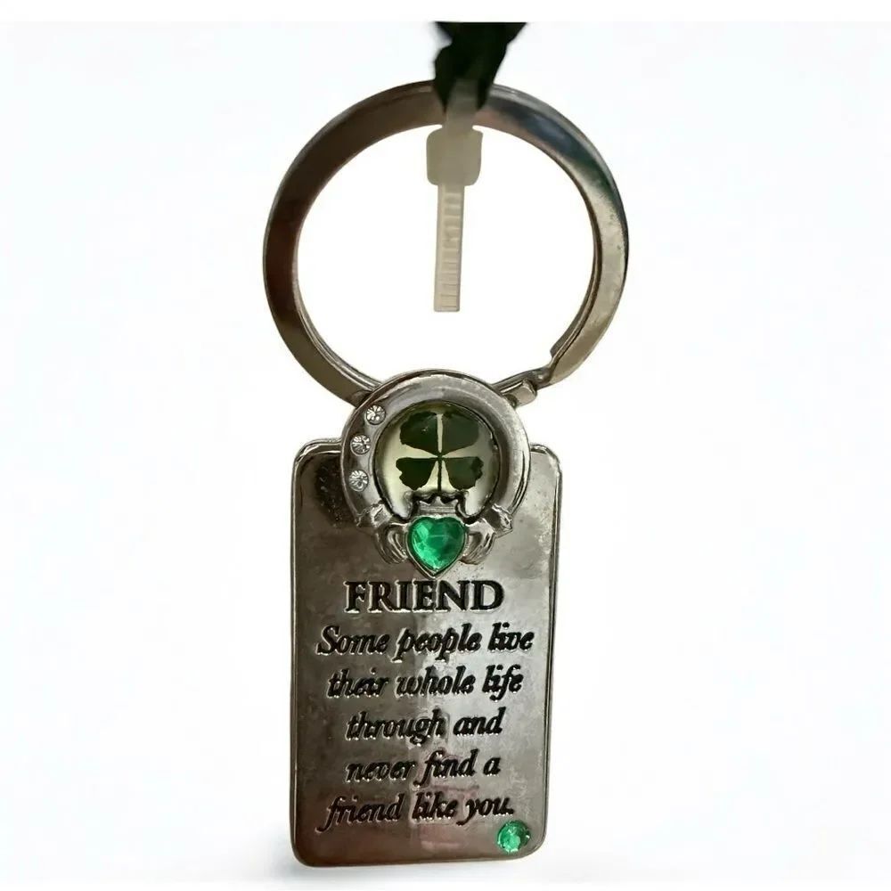 Lucky Irish Friend Keychain with Real Four Leaf Clover & Green Gemstones